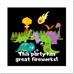 Dinosaurs having a party, this party has great fireworks! Posters and Art